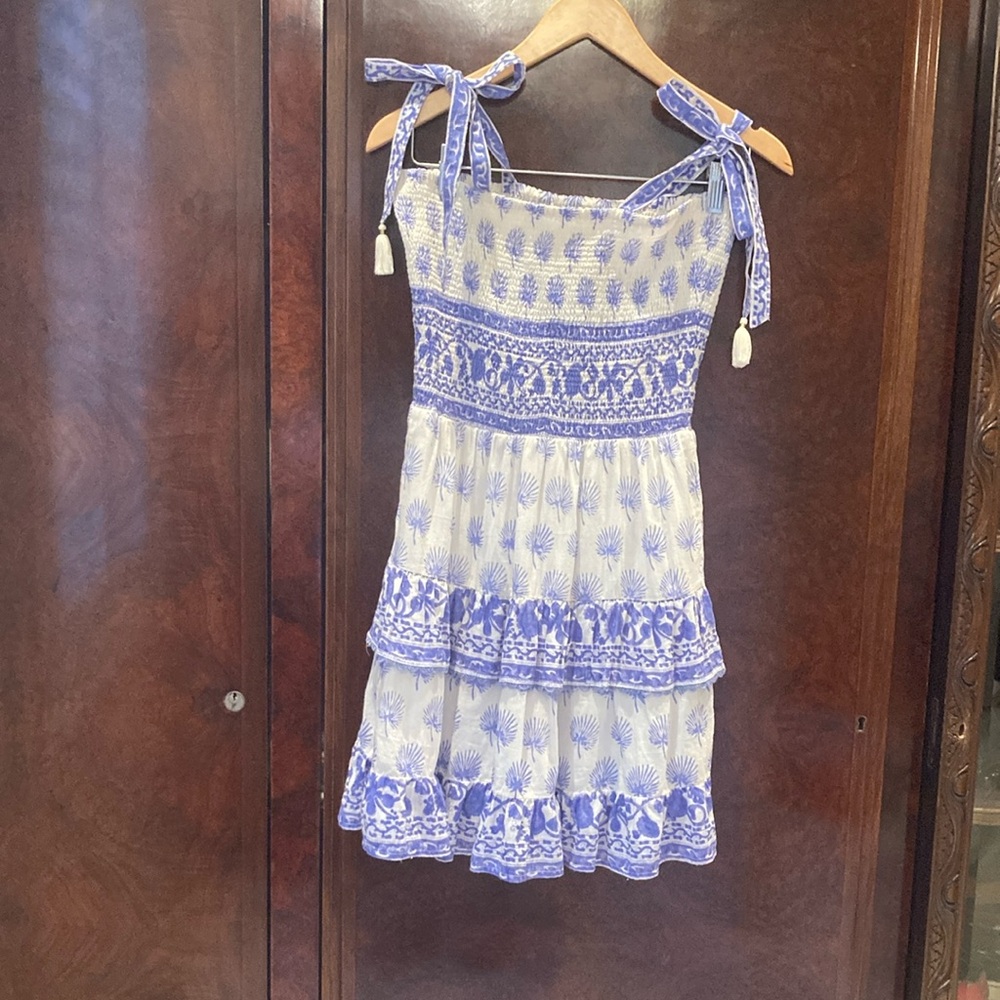 Bell by Alicia Bell Smocked Blue White Tie Shoulder dress